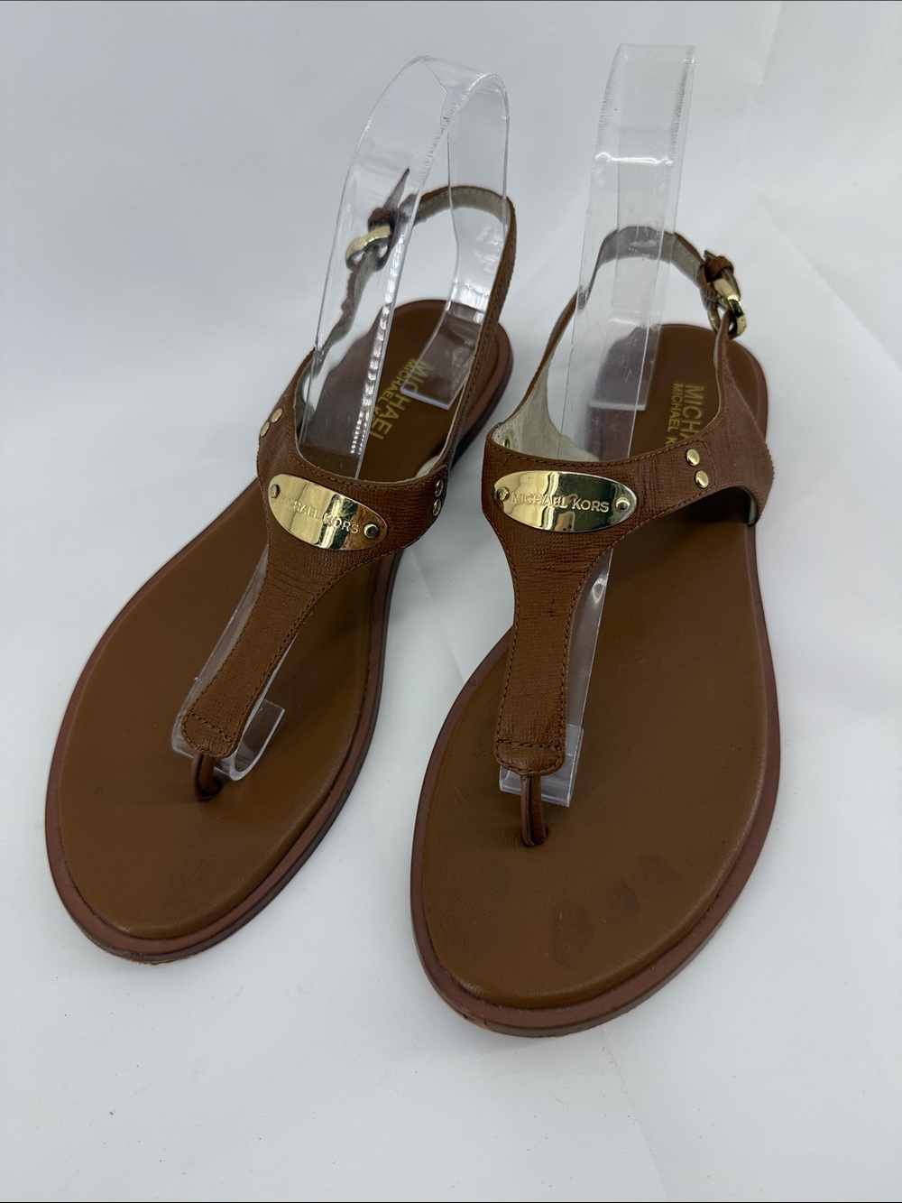 Michael Kors Brown Leather T-Strap Sandals